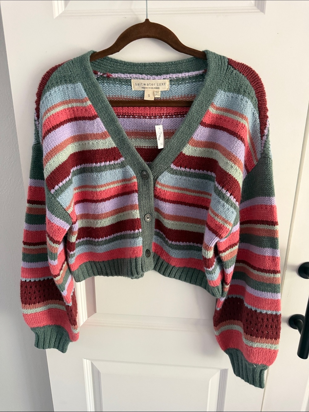 saltwater LUXE Striped V-Neck Cropped Cardigan in Green, Pink, Red